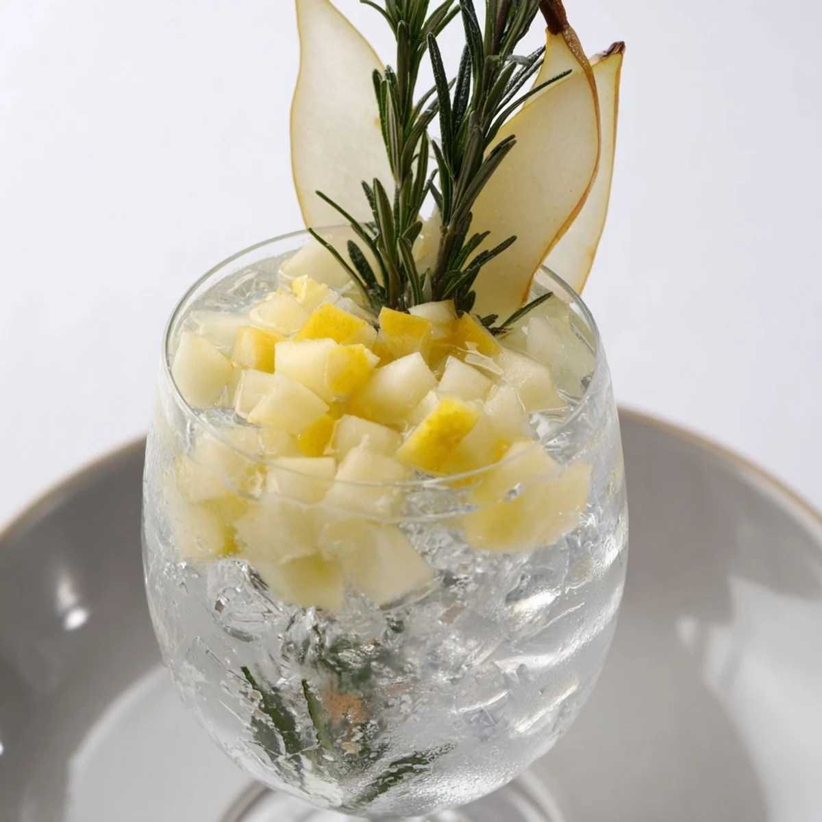 Vibrant image of an Evergreen Ginger Pear, a bubbly mocktail with a hint of fresh herbs and citrus.