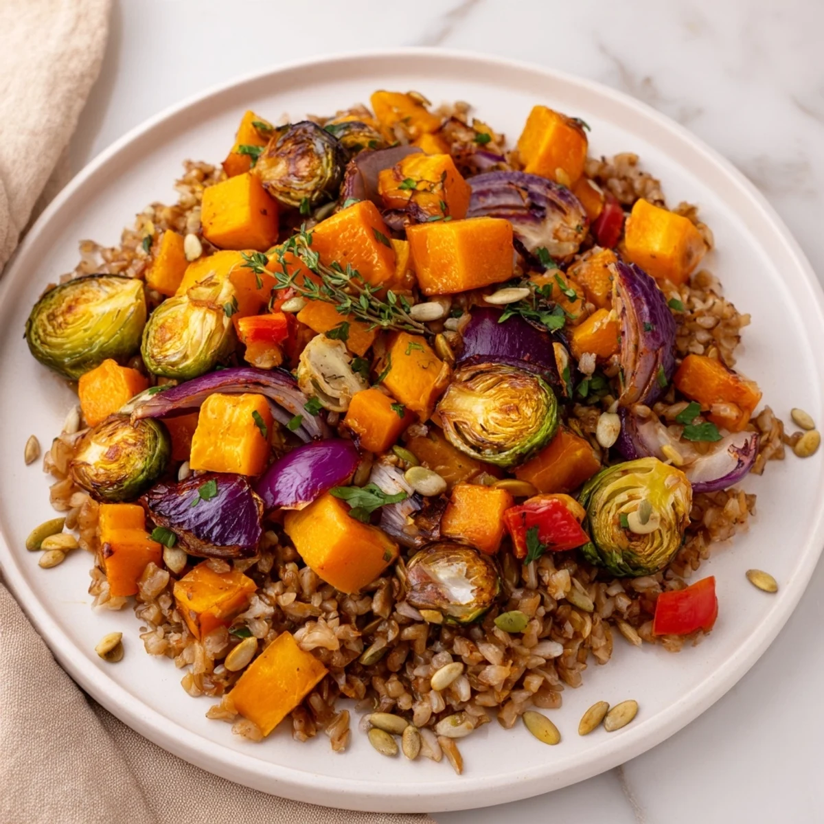 Harvest Savory Grain, a colorful dish with roasted vegetables and hearty farro, perfect for autumn.