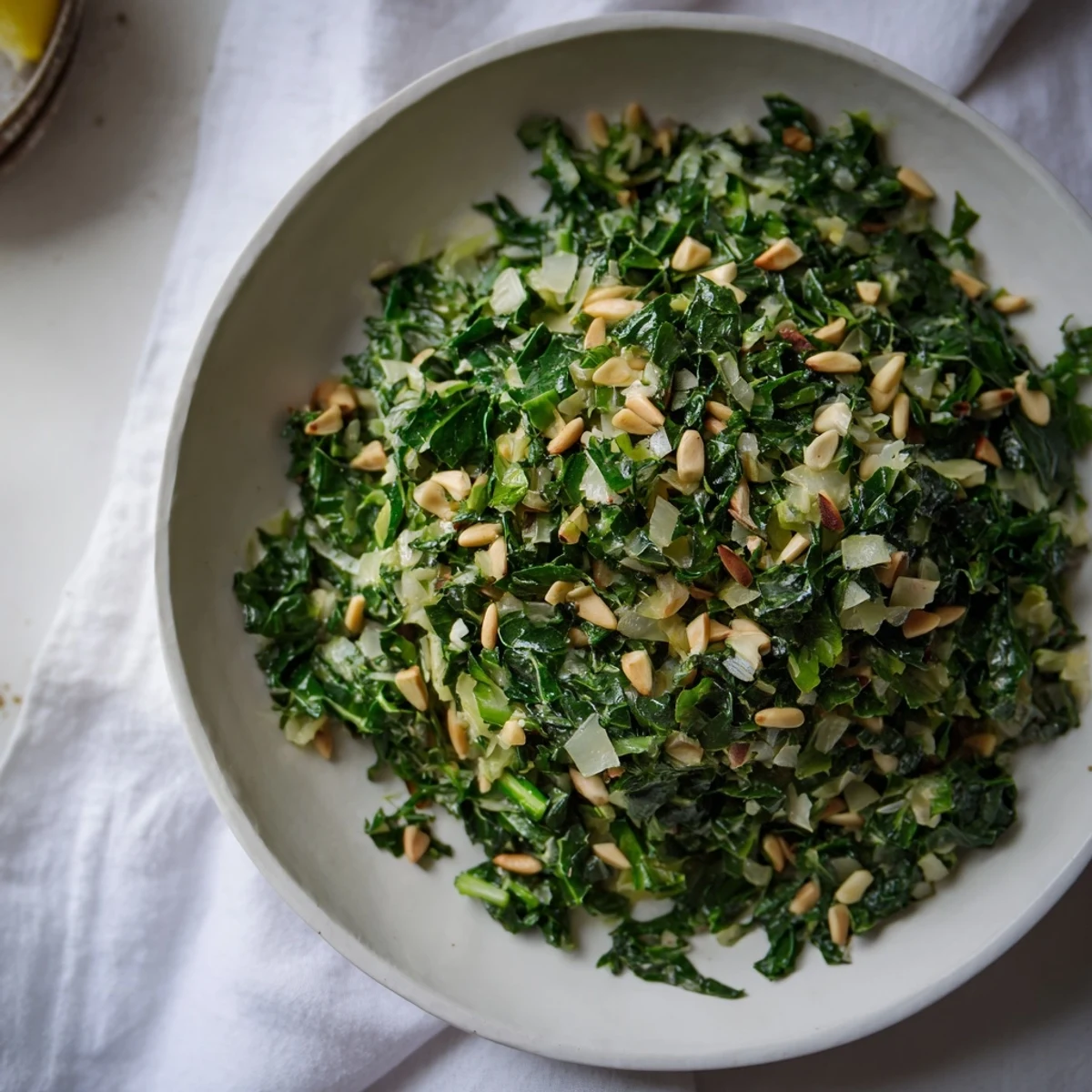 Freshly made Savory Winter Greens side dish, a healthy vibrant meal with beautiful textures.