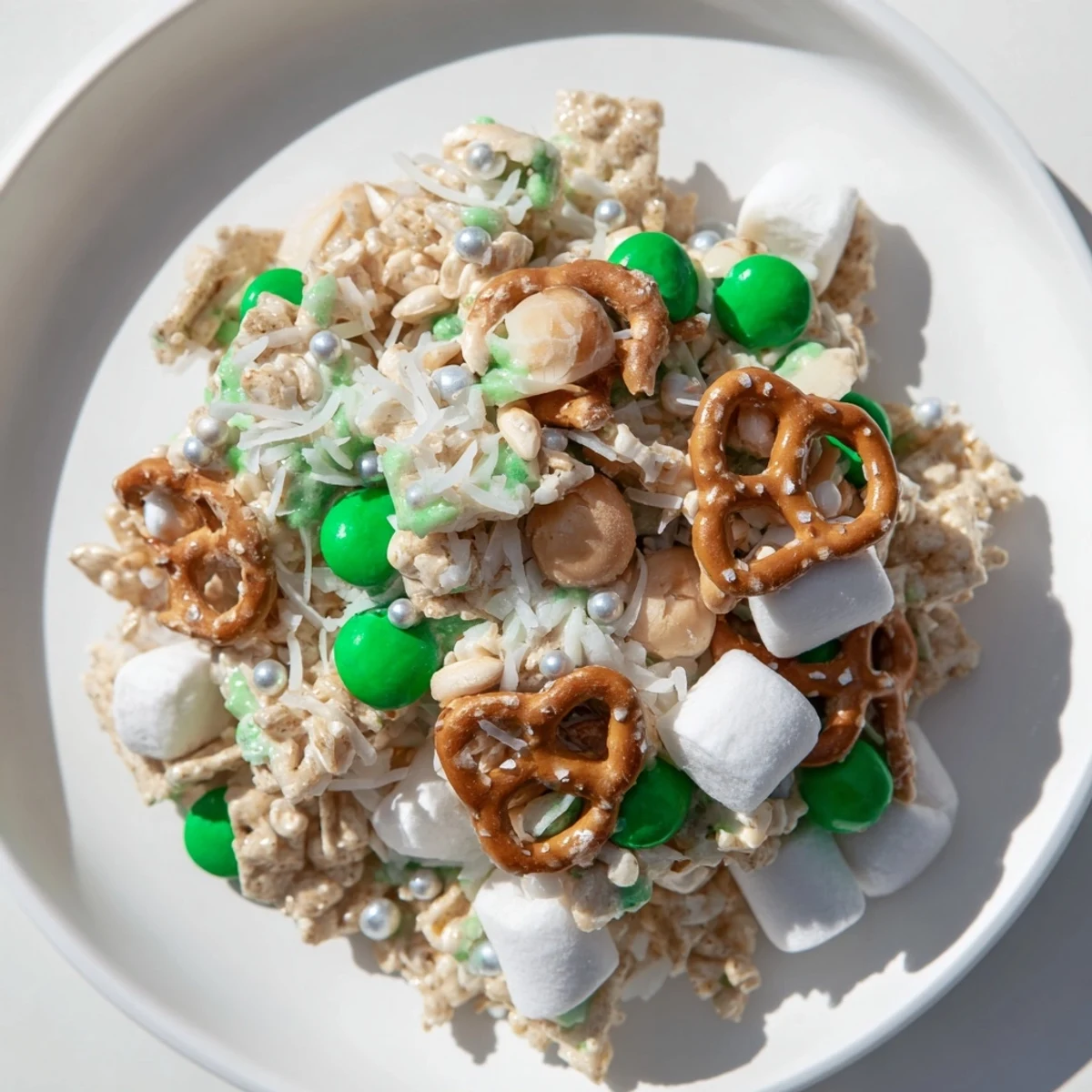 Homemade Snowy Evergreen Mix, a festive snack with green candies and coconut, perfect for winter entertaining.