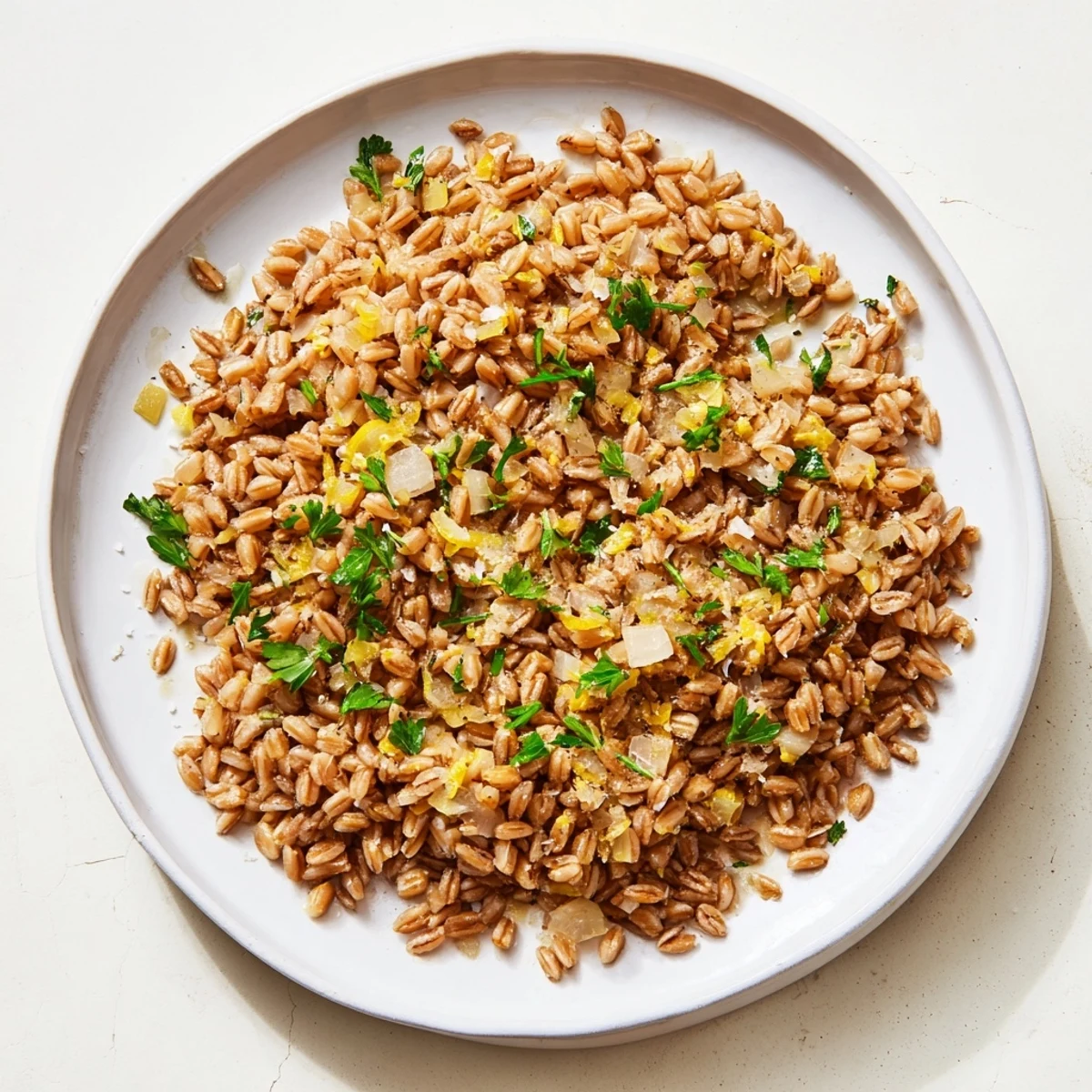 Steaming bowl of roasted farro with herbs, offering a warm and comforting vegetarian main course.