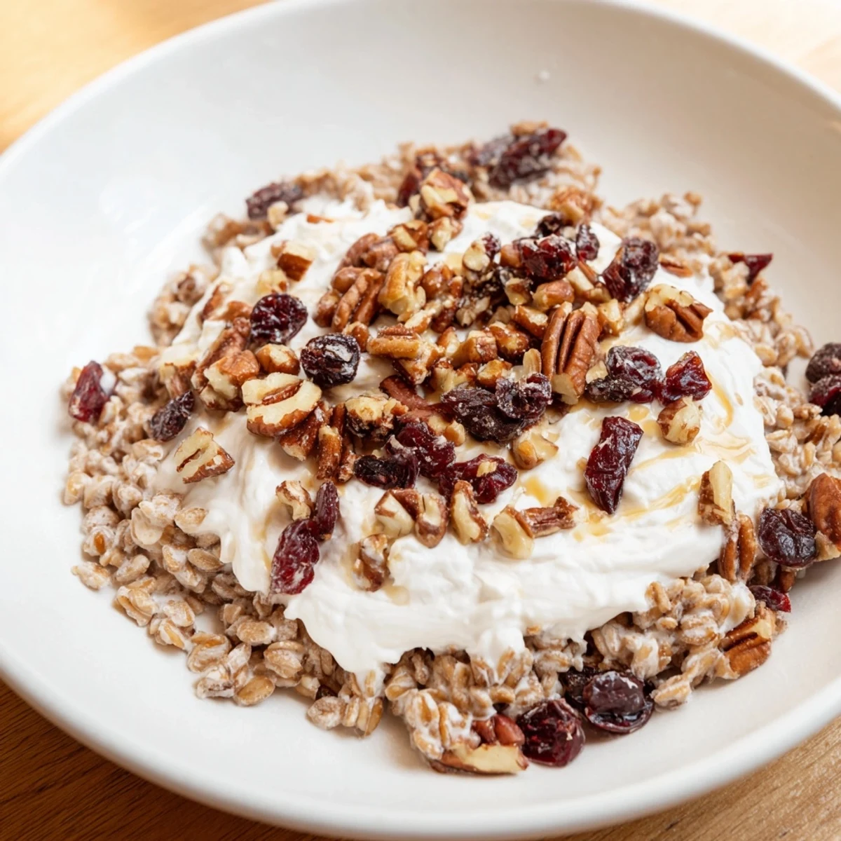 Warm, comforting Frosted Farro featuring nutty grains, sweet frosting, and dried cranberries.
