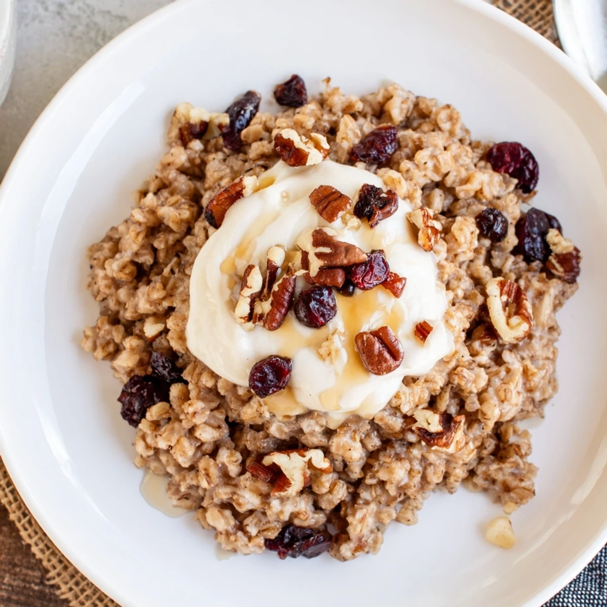 Steaming bowl of Frosted Farro topped with creamy sweet frosting and crunchy pecans.
