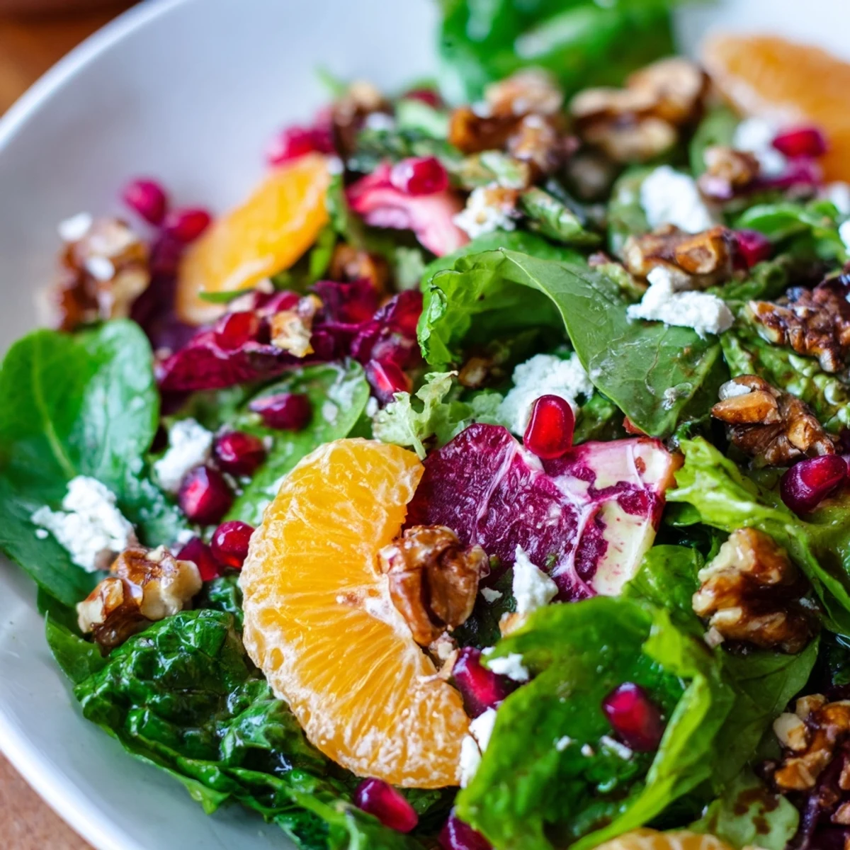 Close-up of a delightful Hearth Citrus Greens salad with toasted nuts and creamy goat cheese.