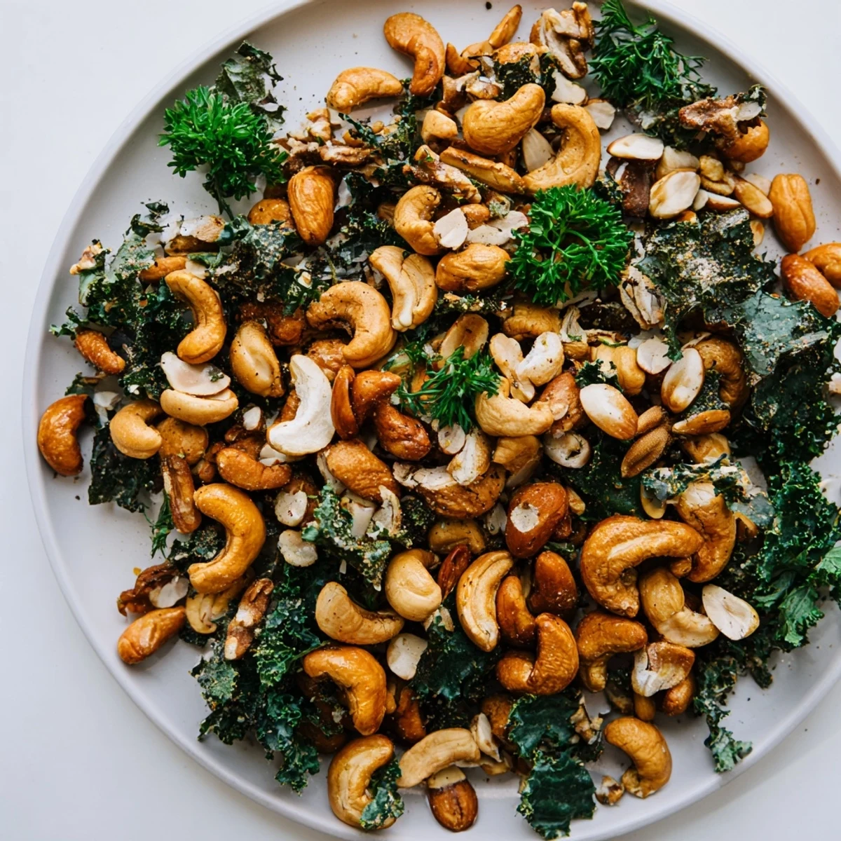 Golden-brown Savory Evergreen Mix, a delicious snack with roasted nuts, crispy kale, and fresh herbs.
