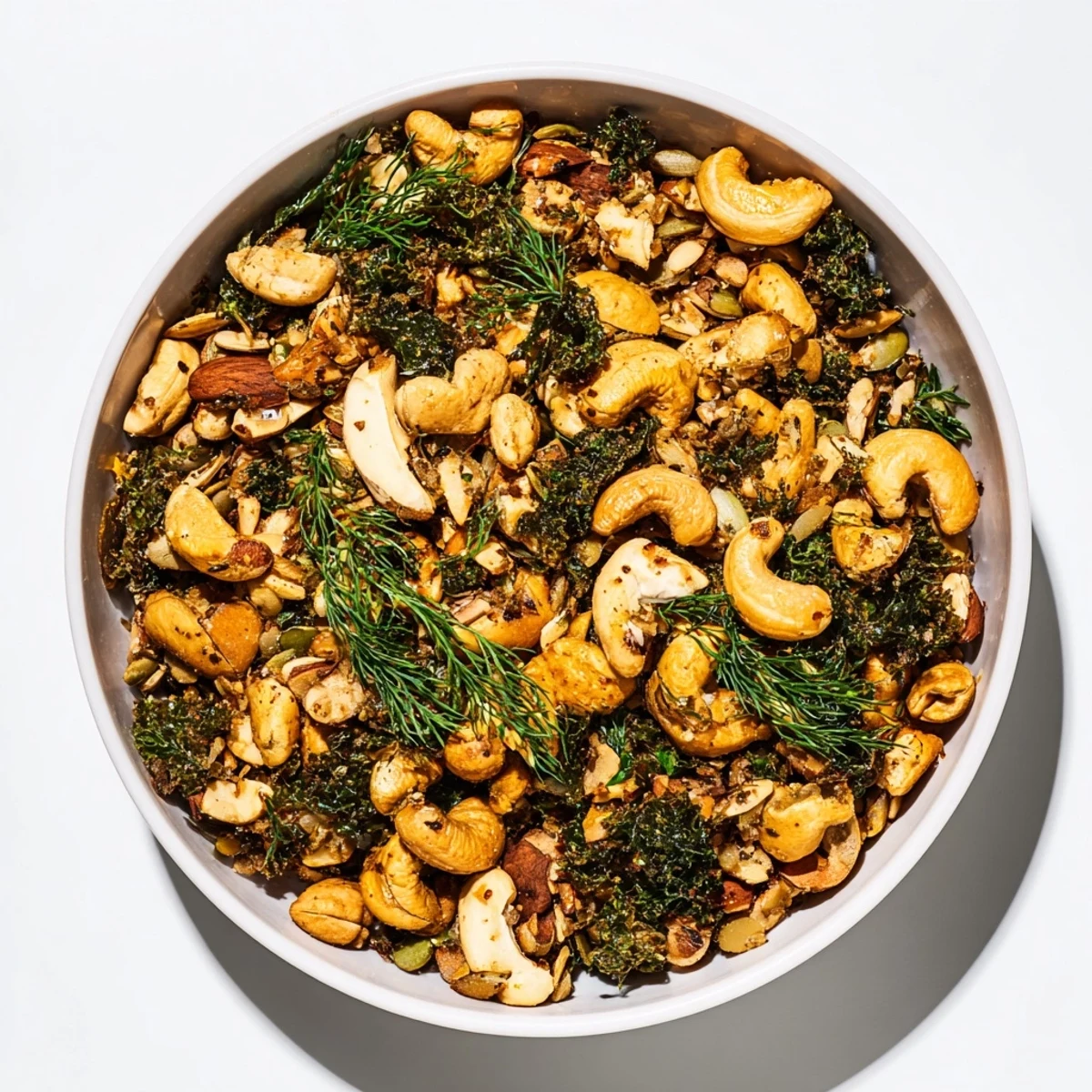 This gluten-free Savory Evergreen Mix shows a mix of roasted nuts and greens, ready to eat.
