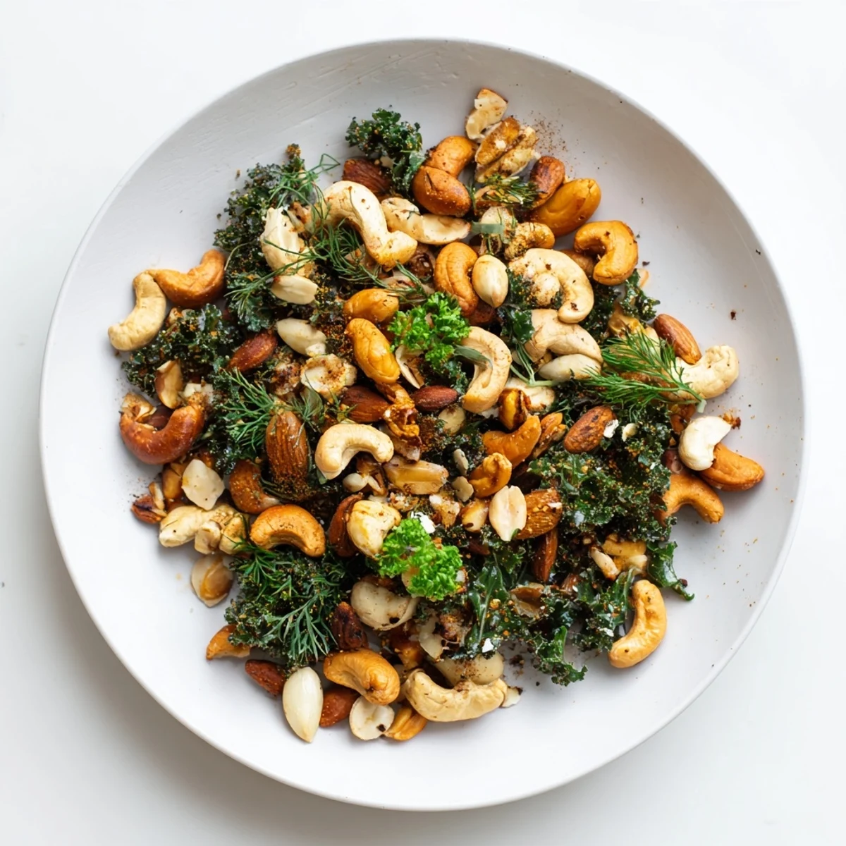 Close-up of the flavorful Savory Evergreen Mix, a perfect vegetarian snack seasoned with herbs.