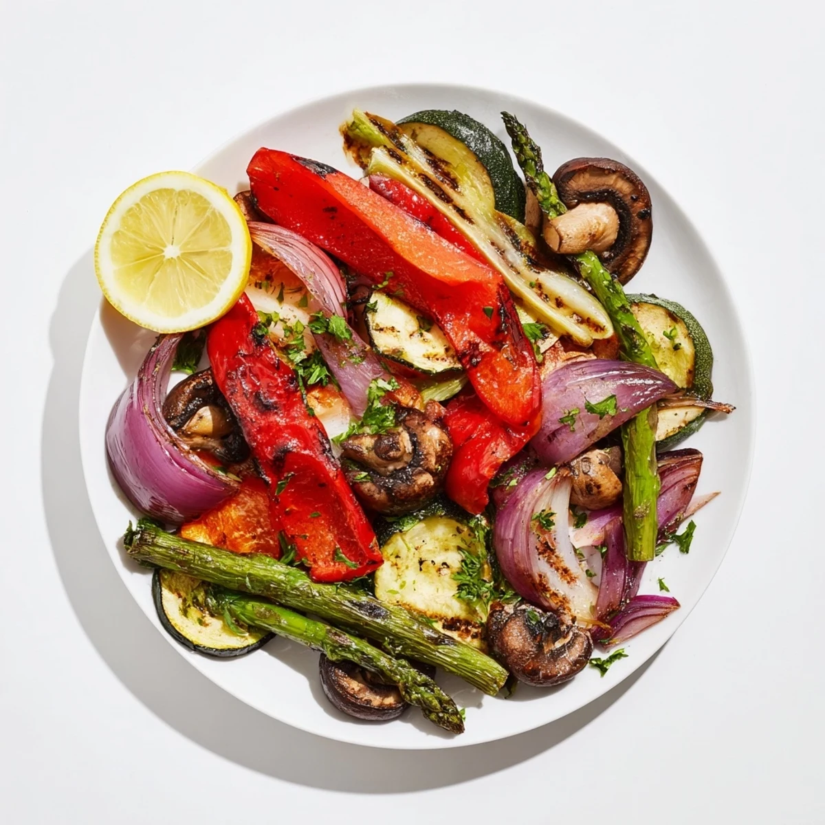 Smoky Hearth Charred Veg featuring grilled zucchini, bell peppers, and eggplant, a flavorful vegan entree.