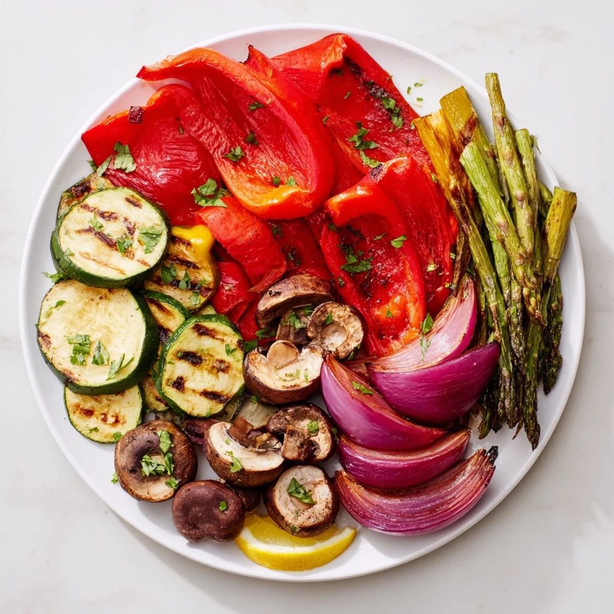 Delicious Hearth Charred Veg, seasoned perfectly and served with fresh parsley and bright lemon wedges.