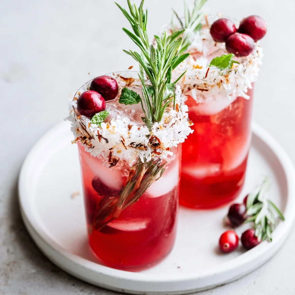 Beautiful close-up of a refreshing Snowy Cranberry Herb mocktail with a frosted sugar and coconut rim.