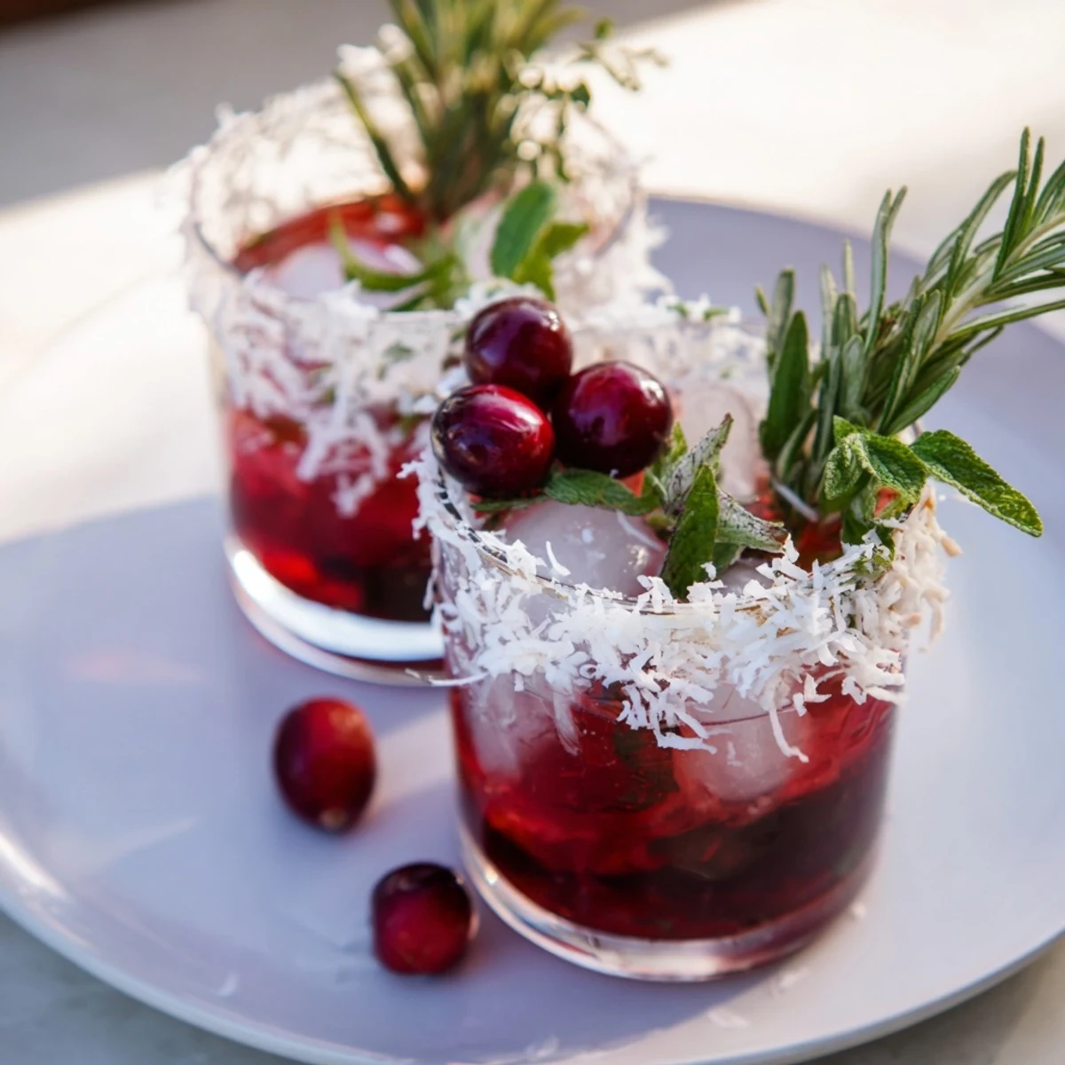 Frosted glass overflowing with sparkling Snowy Cranberry Herb, topped with fresh rosemary and mint.