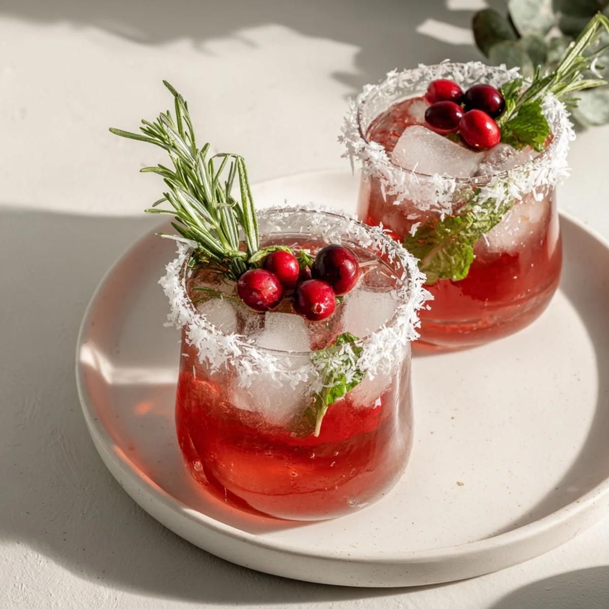 Vibrant red Snowy Cranberry Herb drink, garnished with cranberries, perfect for a festive winter gathering.