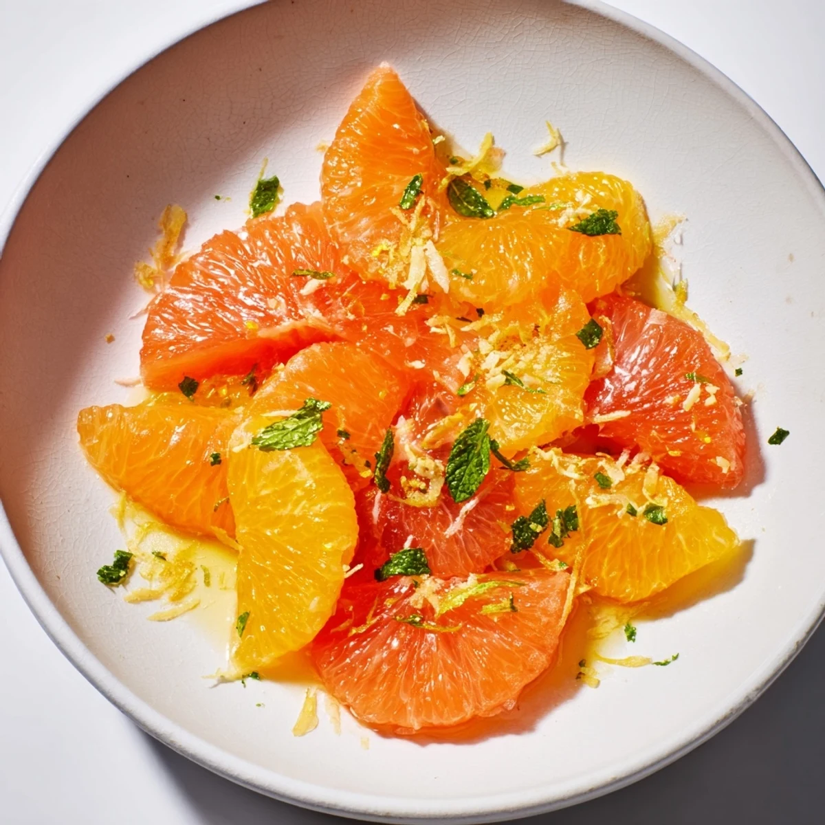 Refreshing Maple Bright Citrus salad featuring citrus pieces glistening with citrus juice and a touch of mint.