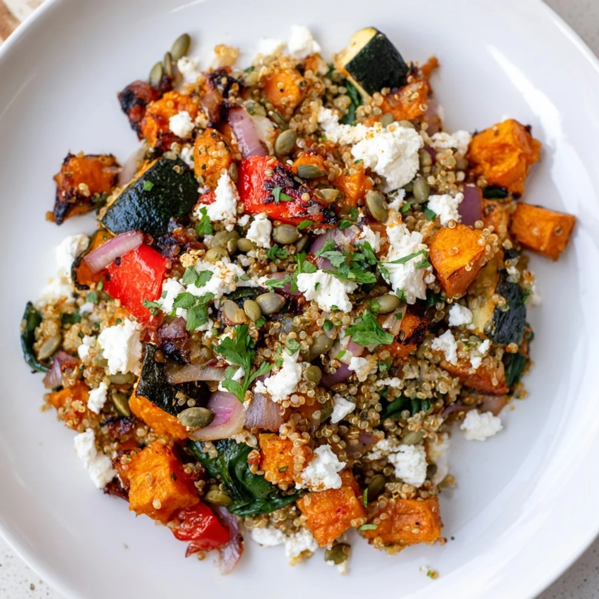 Steaming bowl of Hearth Quinoa, showcasing roasted vegetables and fresh parsley for a healthy meal.