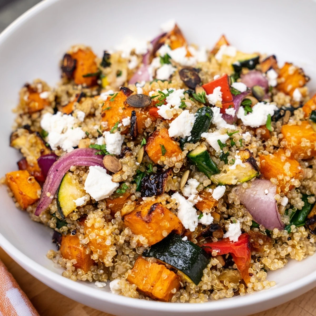 Rustic Hearth Quinoa with golden roasted sweet potatoes and vibrant red bell peppers, perfect for a cozy dinner.