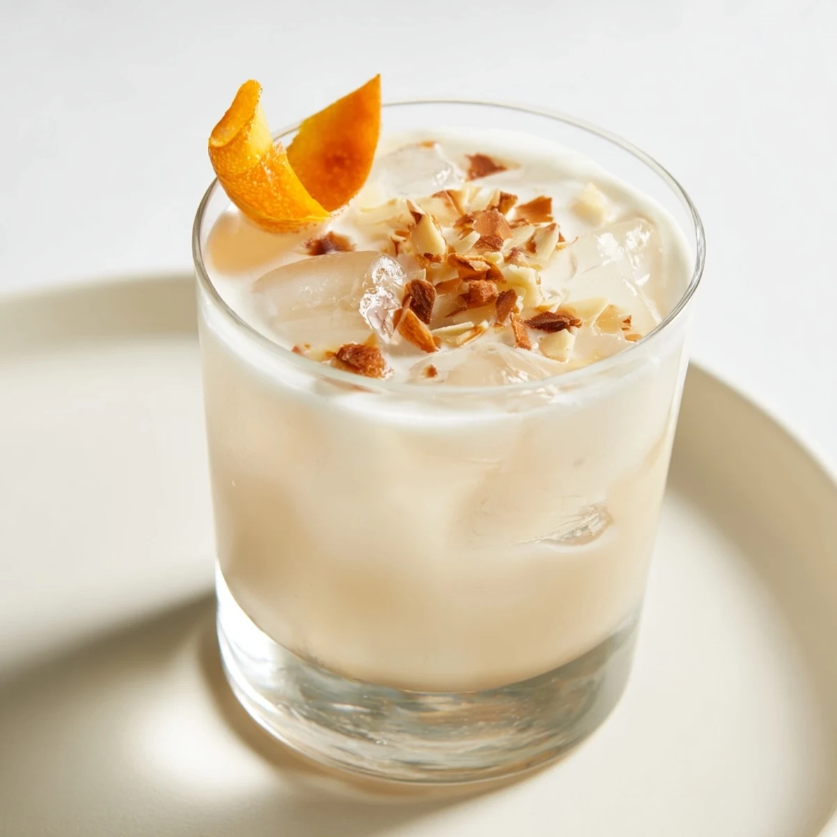 Bright Toasted Almond cocktail, garnished with orange twist, looks inviting and creamy.