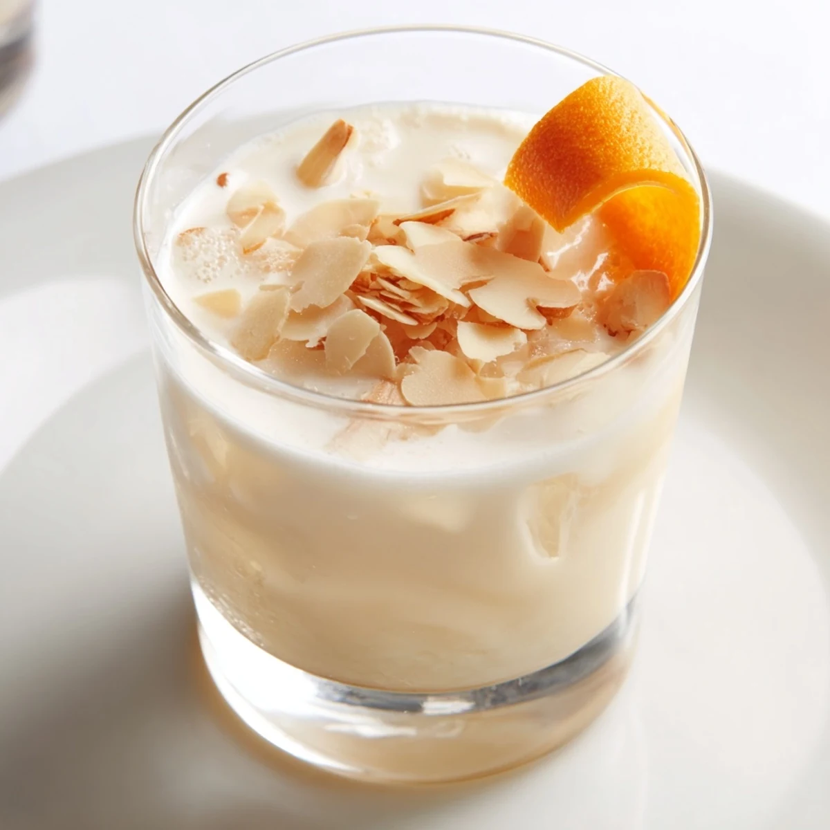 This Bright Toasted Almond cocktail showcases a perfectly shaken, frothy beverage in a glass.