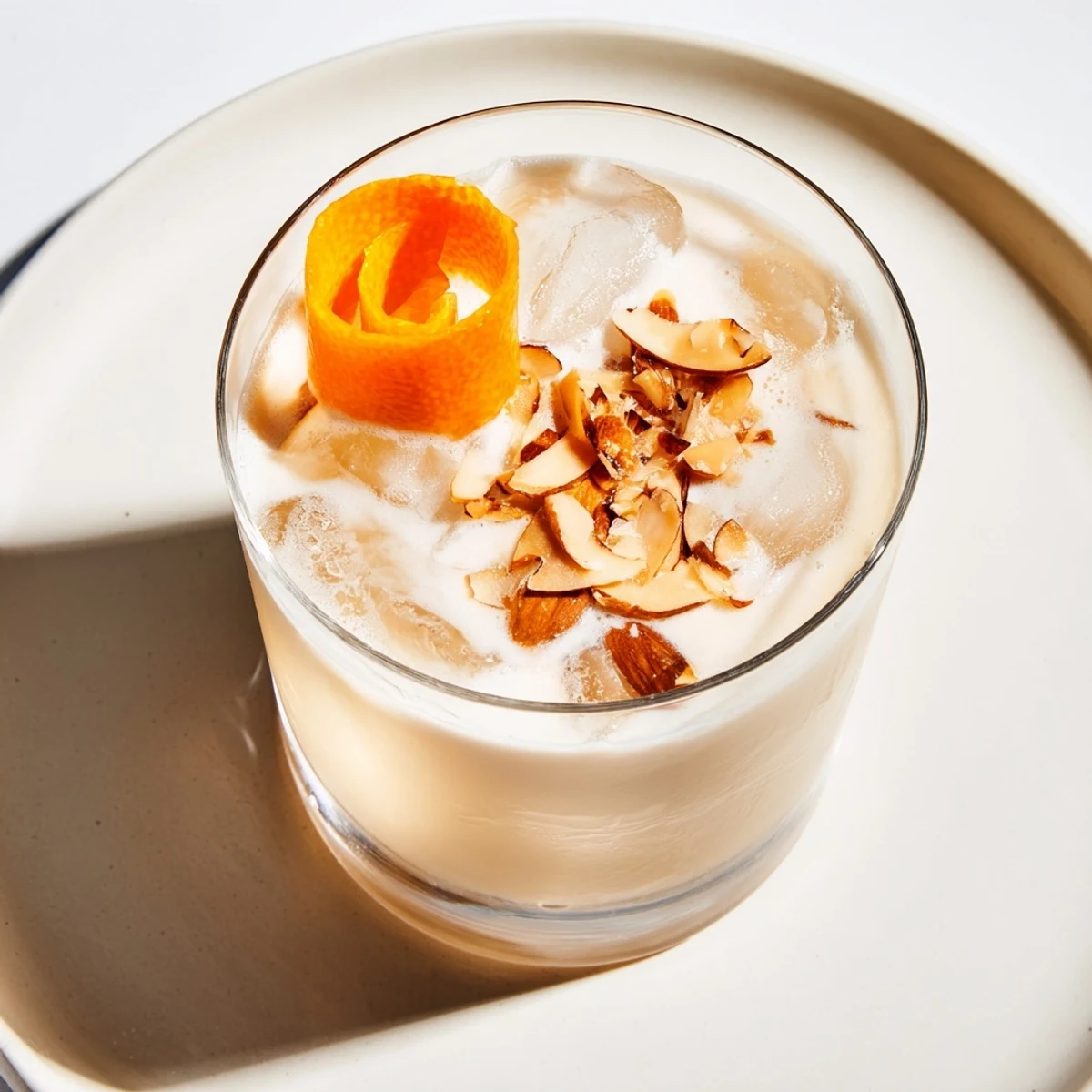 A close-up of a Bright Toasted Almond cocktail, beautifully garnished and ready to be enjoyed.