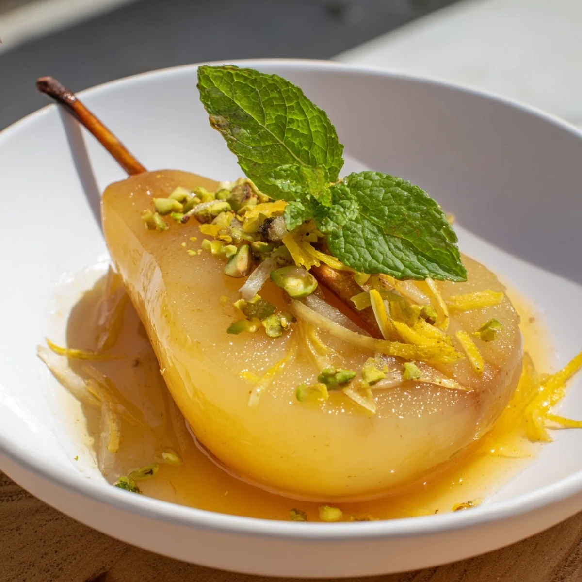 A close-up of plated Golden Ginger Pears, drizzled with glistening syrup and sprinkled with nuts.