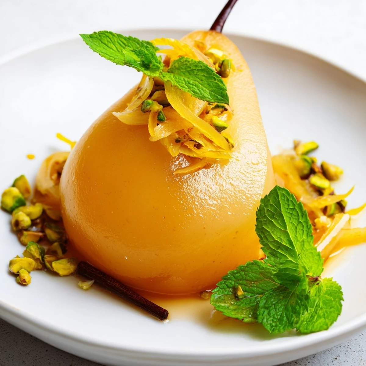 Golden Ginger Pears simmering gently in a saucepan, infused with warm spices and ready to serve.