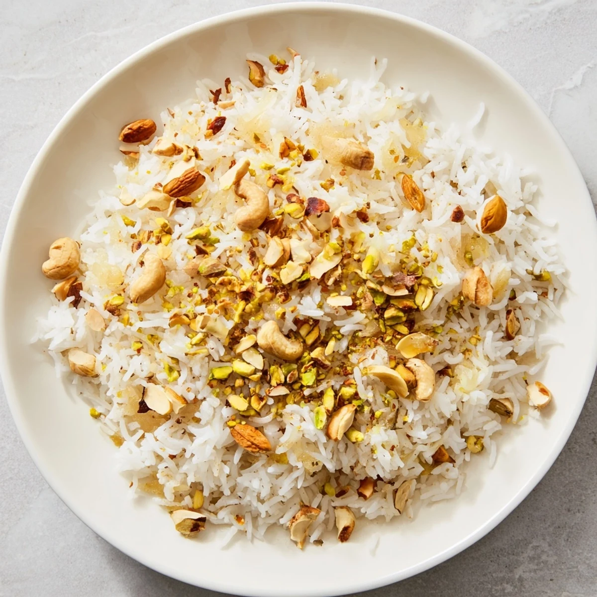 Fluffy Nutty Warm Rice, vibrant with golden toasted nuts, served in a ceramic bowl.