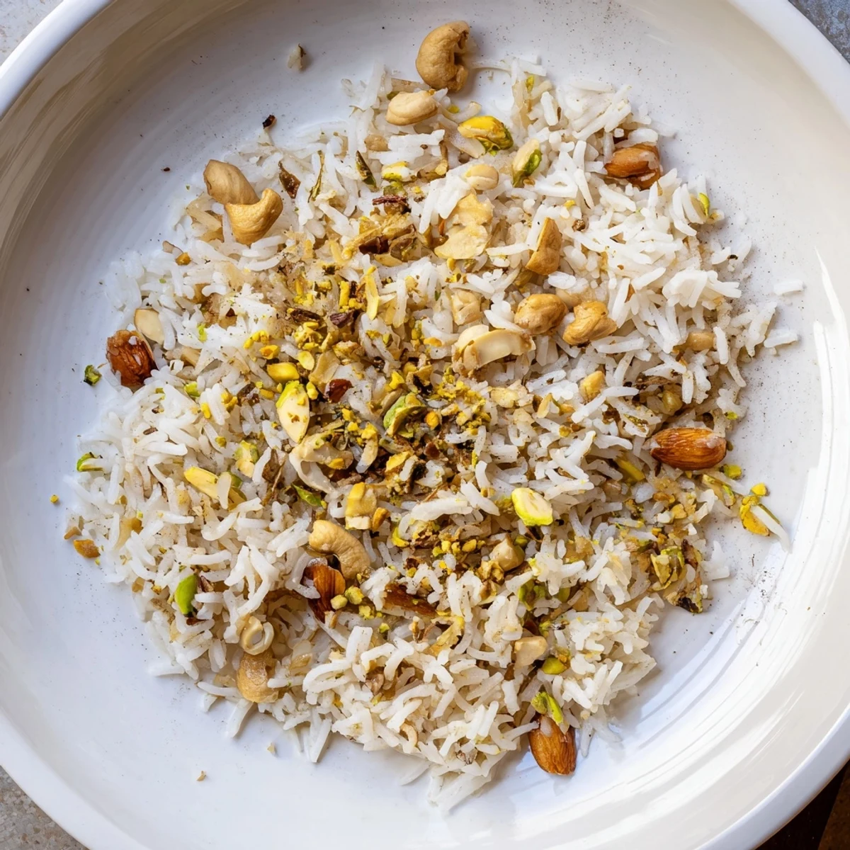 Close-up of fluffy Nutty Warm Rice with toasted nuts & spices; perfect side dish.