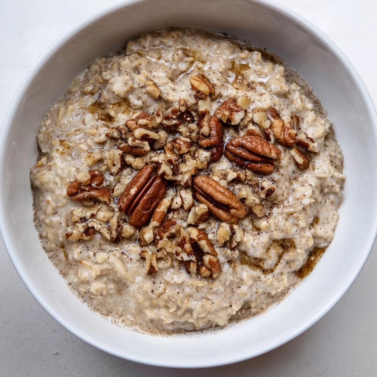 Warm, creamy bowl of Maple Chai Oat oatmeal, topped with toasted pecans and drizzled syrup.