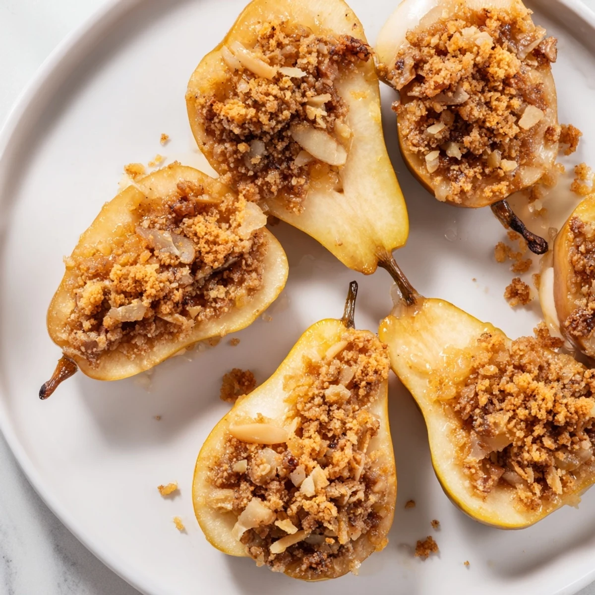 Golden-brown Toasty Ginger Pears, a warm dessert with a sweet, spiced oat crumble topping.
