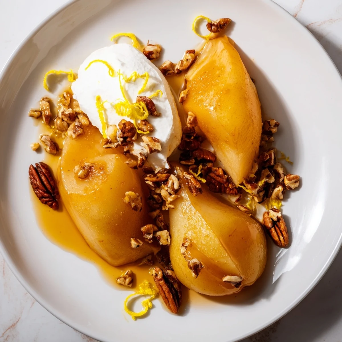 Delicious Harvest Ginger Pear, a comforting dessert with poached pears and warm, spiced syrup.