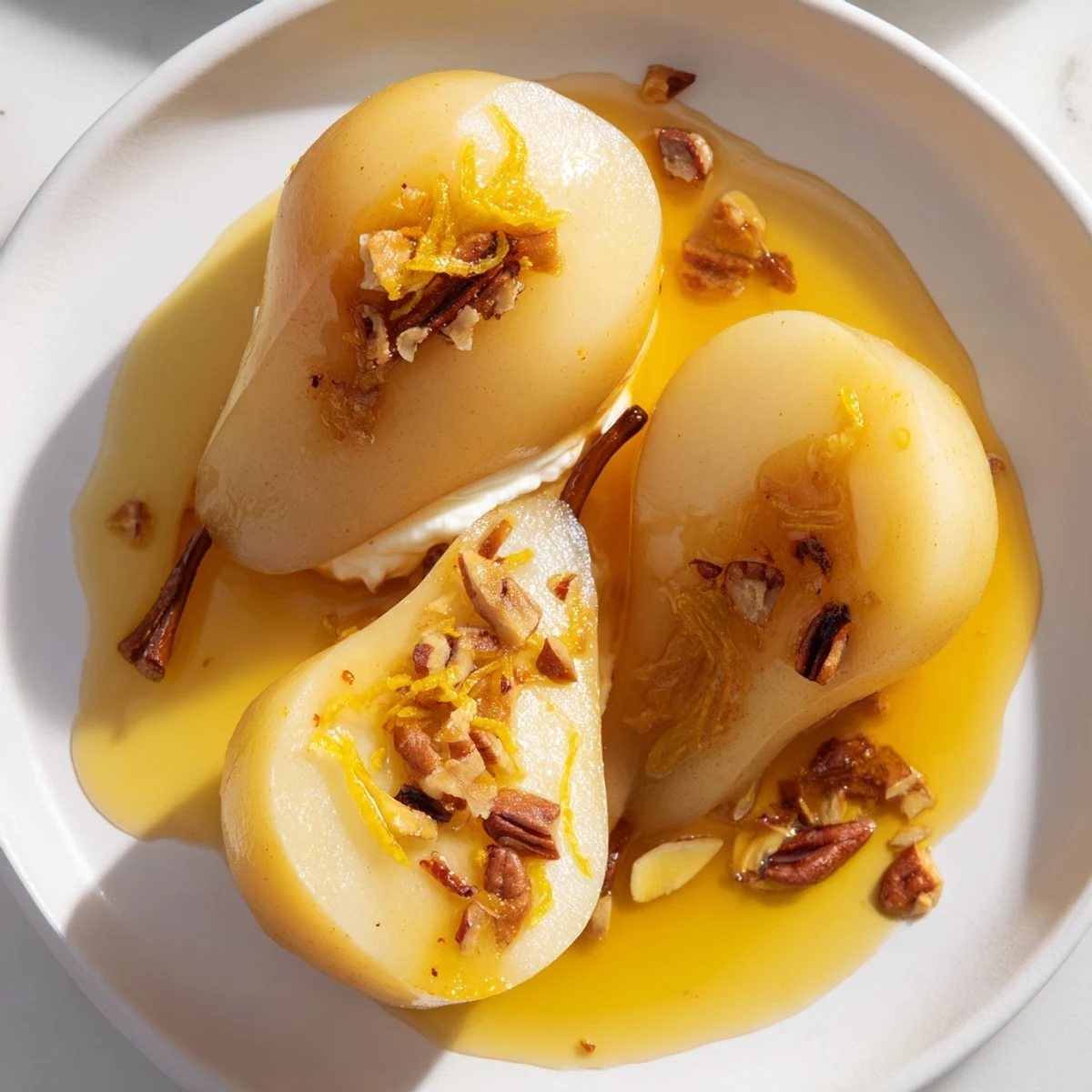 Warm Harvest Ginger Pear dessert, showcasing tender pears in ginger-infused syrup, ready to serve.