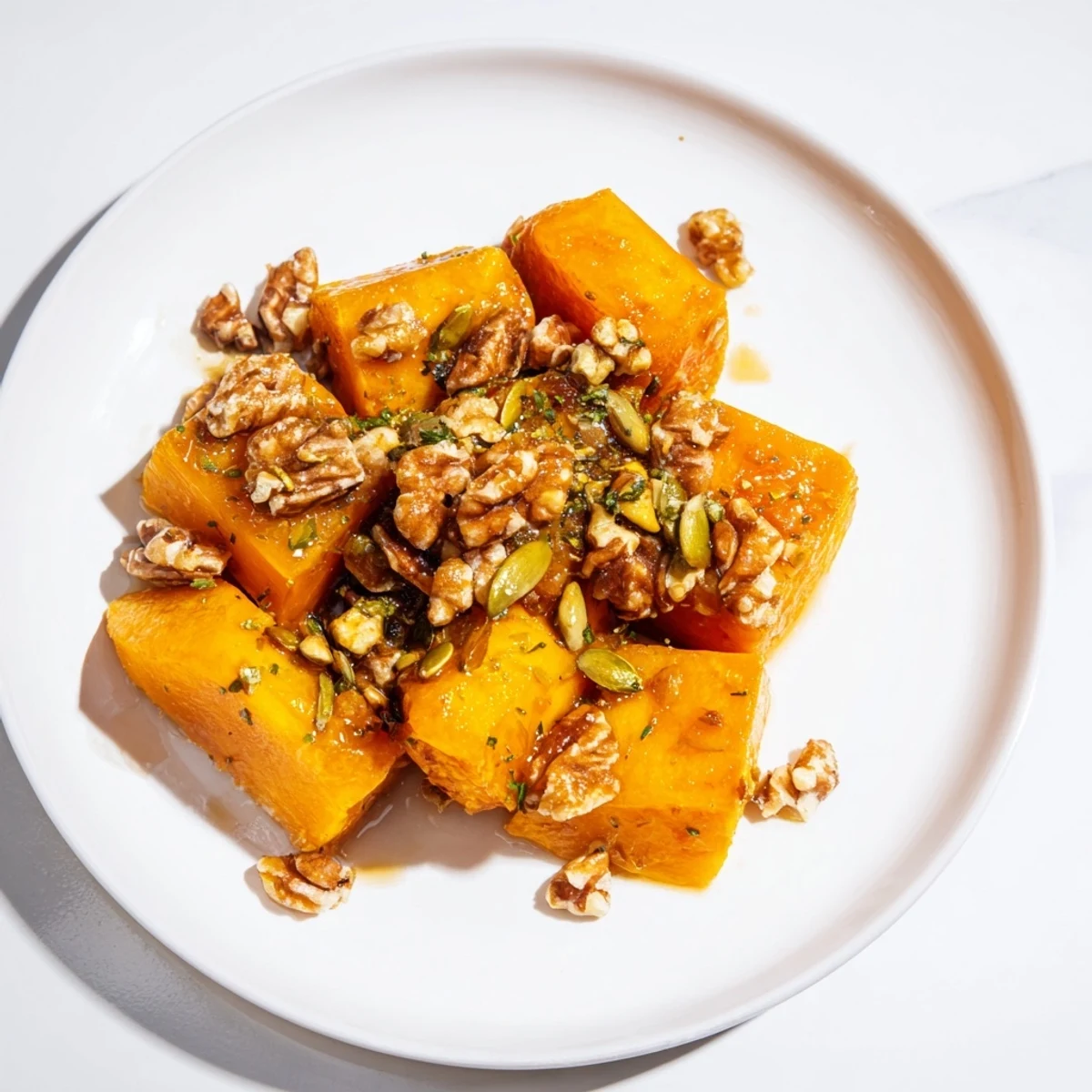 Golden-brown Nutty Maple Squash topped with crunchy nuts, perfect for an autumn side dish.