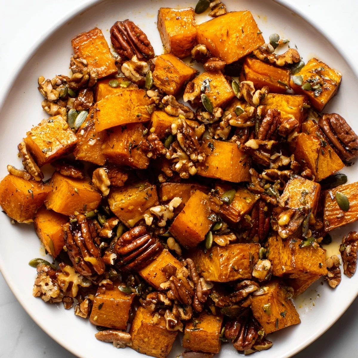 A close-up of oven-roasted Nutty Maple Squash with glistening maple glaze and toasted pecans.