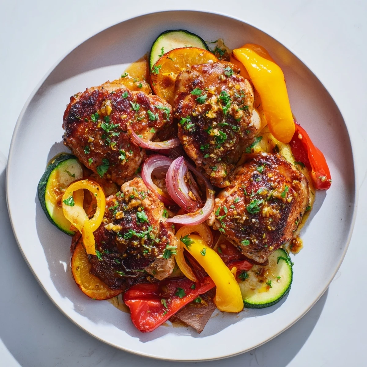 Golden-seared chicken and colorful vegetables in Savory Bright Citrus, garnished with fresh parsley.