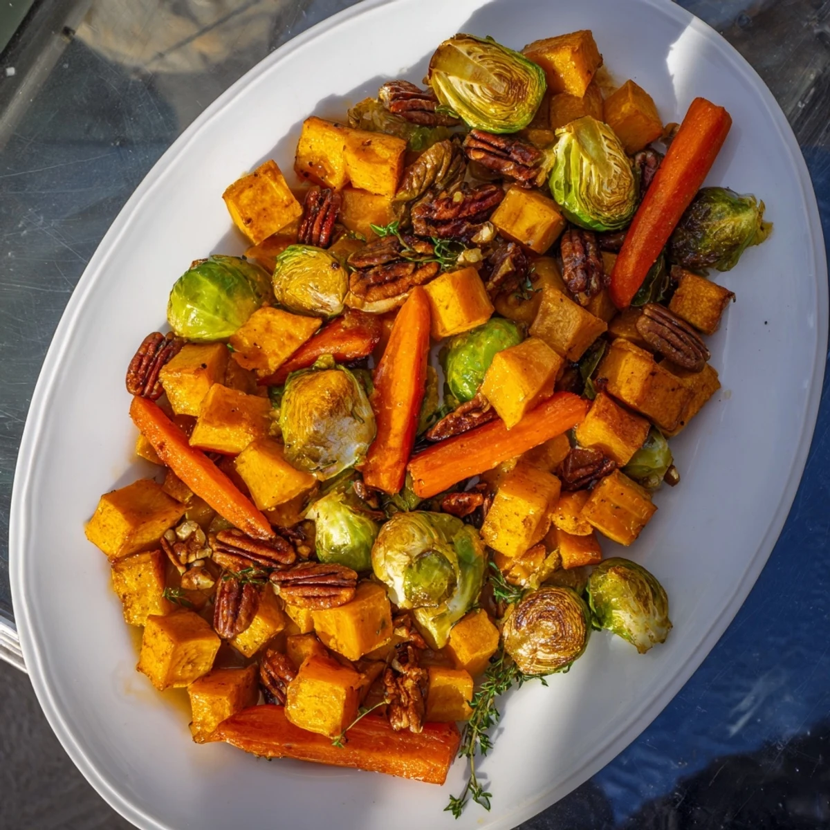 Golden browned Harvest Golden Veg, ready to be served as part of a delicious autumn meal.