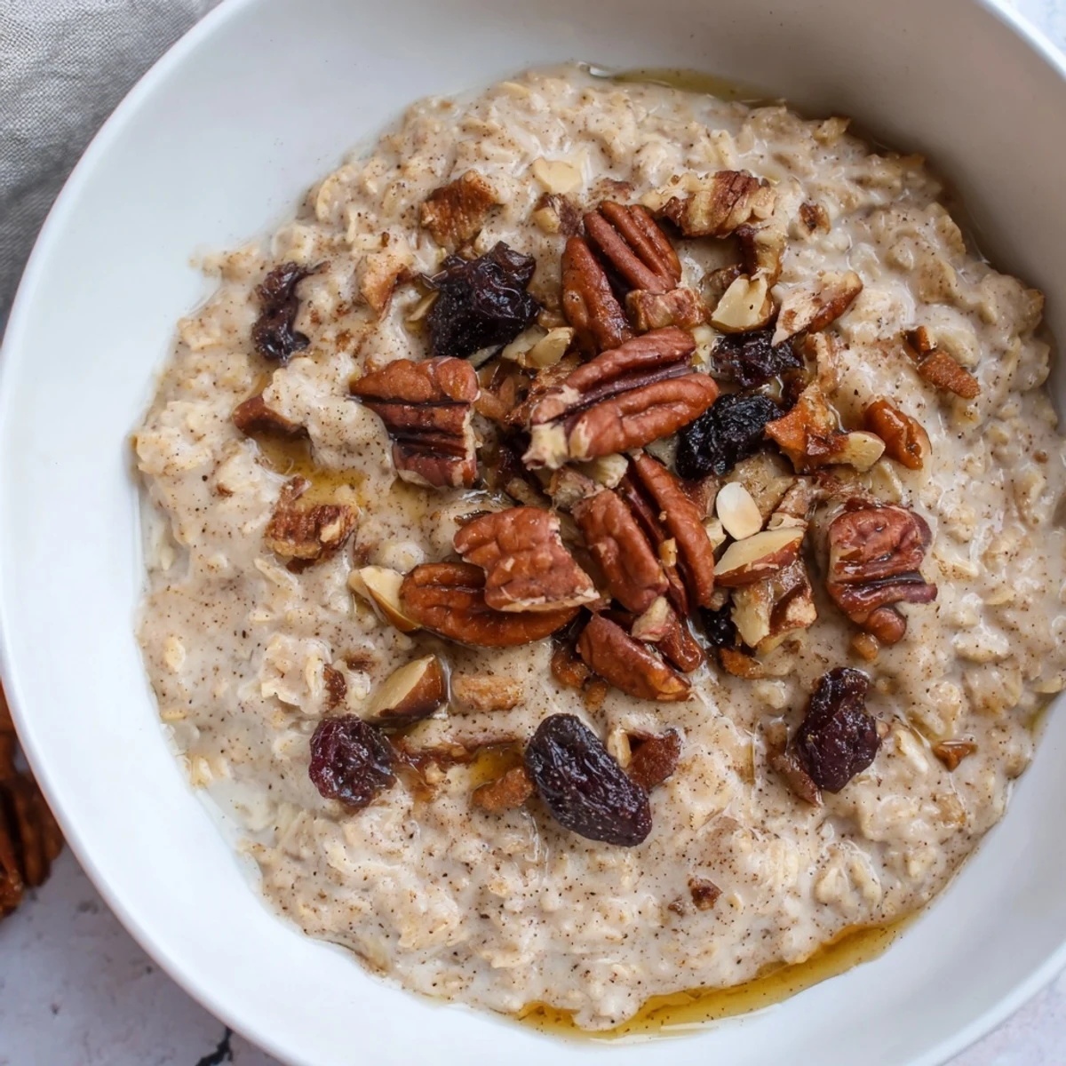 A close-up of creamy, flavorful Hearth Chai Oat porridge, garnished with dried fruit and toasted nuts.