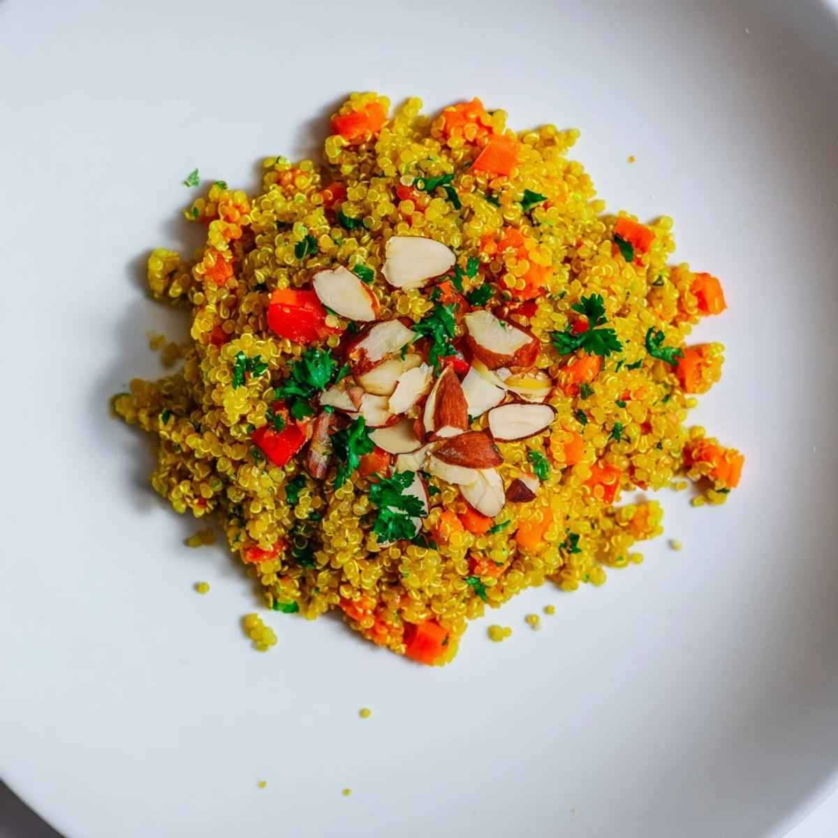 Close-up of the finished Golden Savory Grain, a vegetarian delight with a sprinkle of almonds.