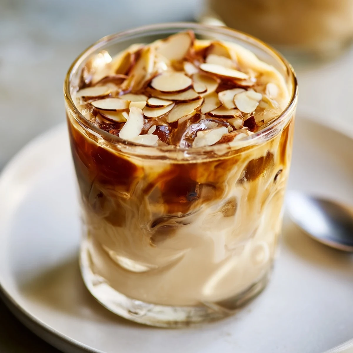 A chilled glass of Roasted Toasted Almond cocktail garnished with golden toasted almond slices.