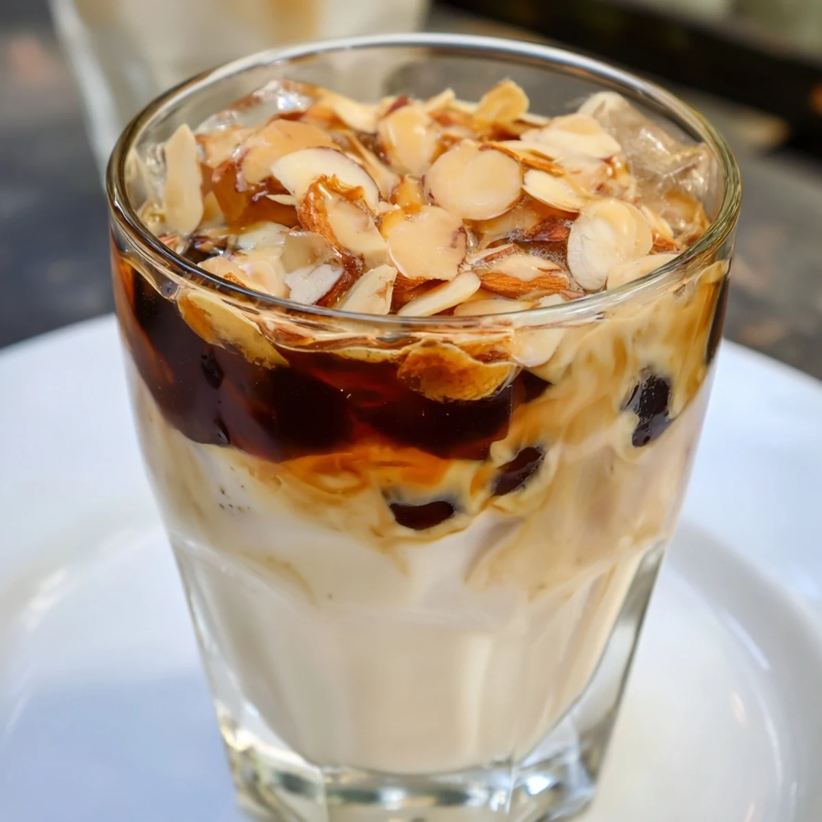 This creamy Roasted Toasted Almond blends amaretto and coffee liqueur over ice, a smooth delight!