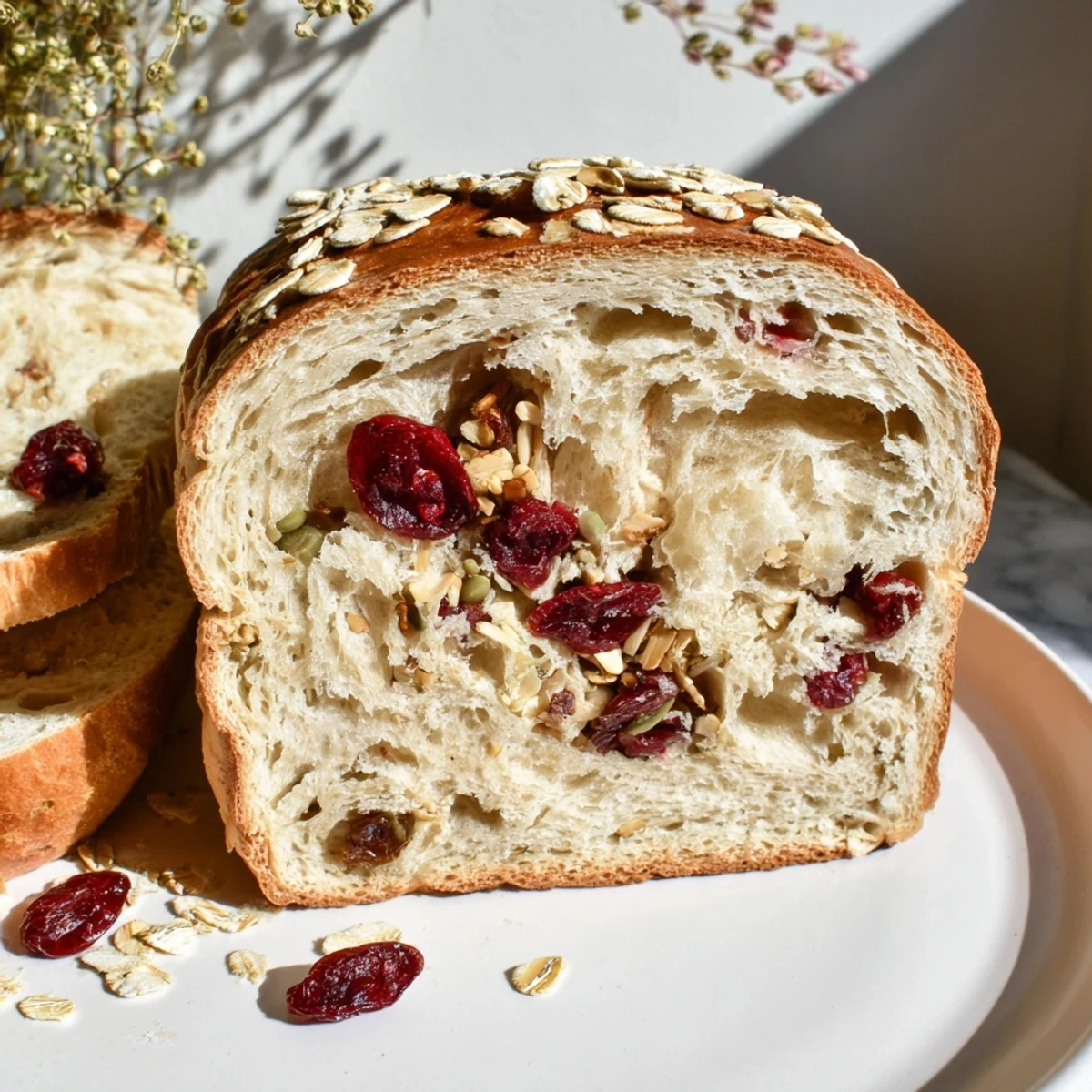 Crusty loaf of hearth cranberry herb bread, its aroma mingling with fresh herbs and cranberries.