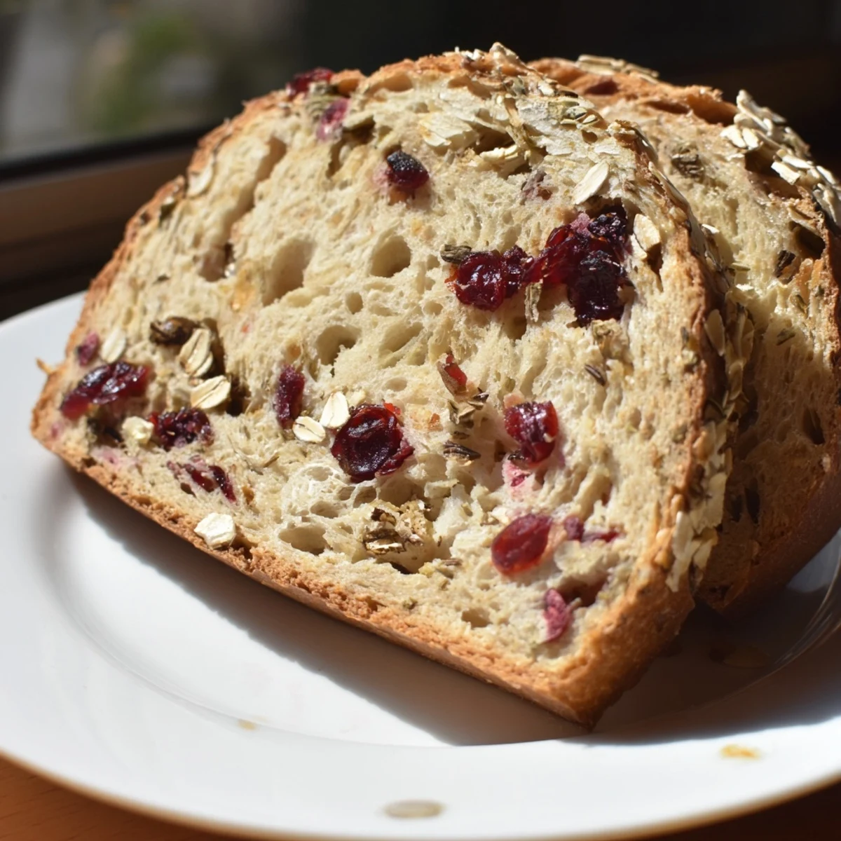Warm, golden hearth cranberry herb bread, ready to slice, showing vibrant red cranberries.