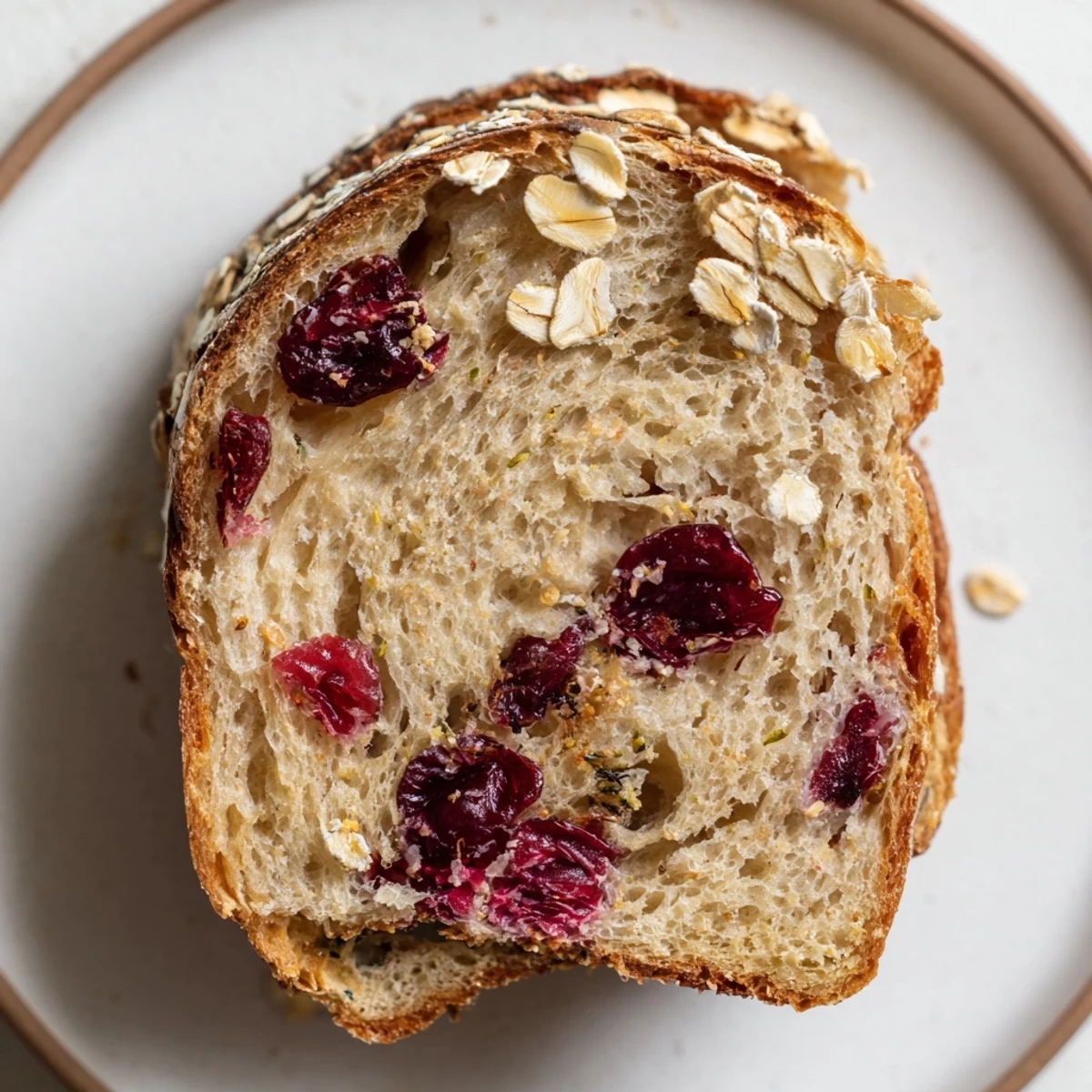 Close-up of baked hearth cranberry herb bread, glistening with olive oil and oat topping, perfect for serving.