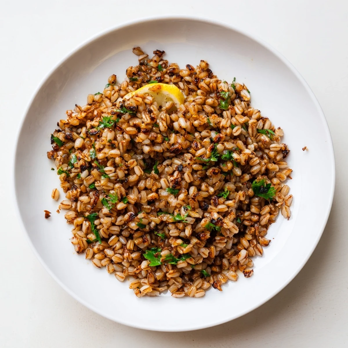 A closeup of perfectly charred barley, with hints of smoke, mixed in the skillet with aromatics.