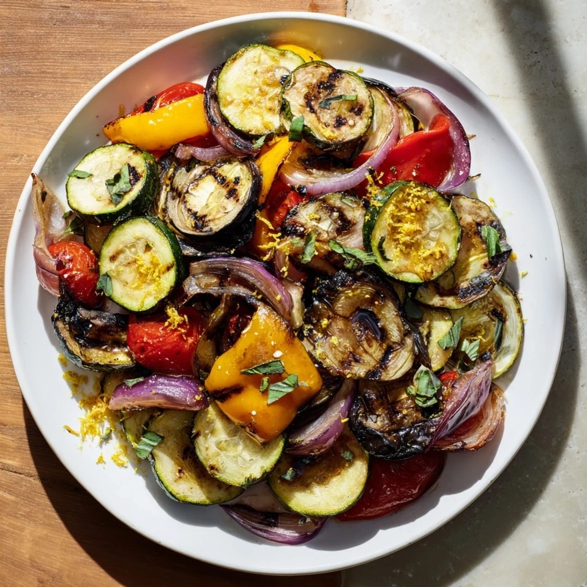Grilled Charred Vegetables, showing perfectly blistered peppers and zucchini, ready to eat.