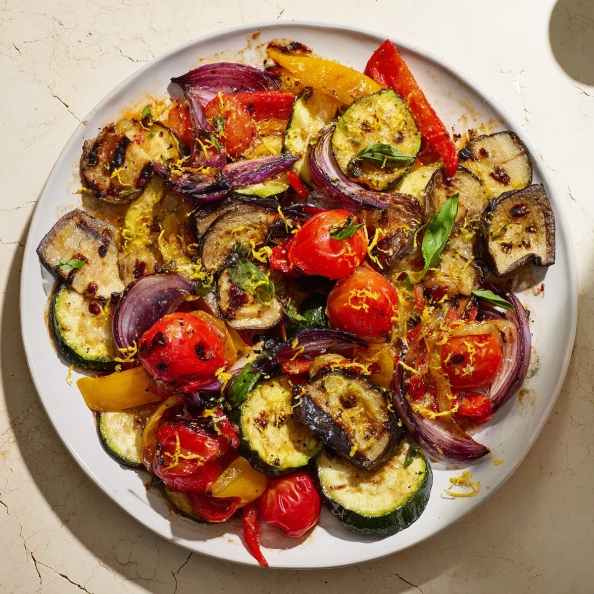 Charred Vegetables, a colorful dish with smoky grill marks and fresh basil garnish.