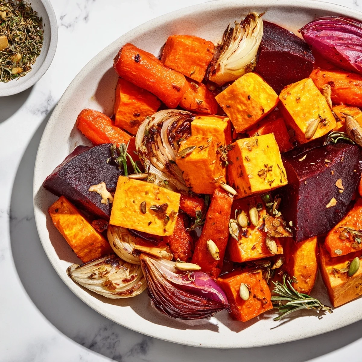 Golden-brown Charred Roasted Roots, featuring carrots, parsnips, and beets, ready to be served warm and inviting.