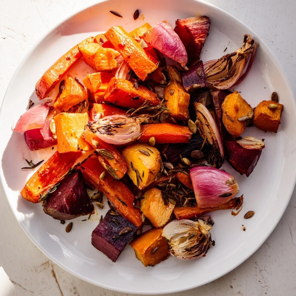 Close-up of vibrant Charred Roasted Roots, showcasing tender vegetables with herbs, a flavorful and easy recipe.