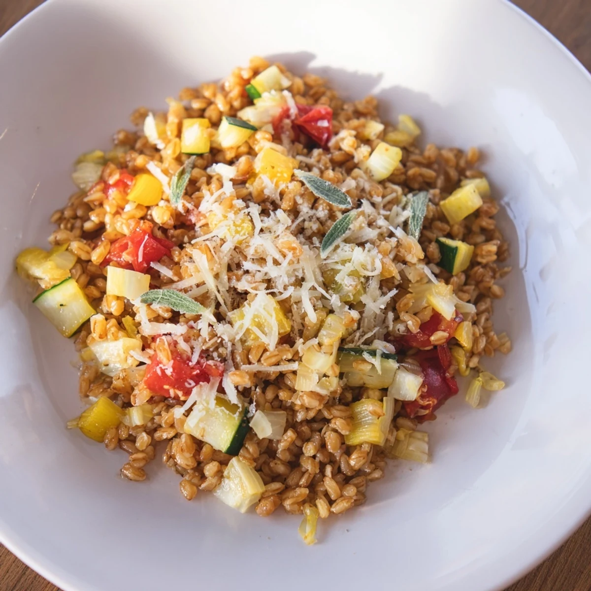 This comforting bowl of Cozy Farro showcases vegetables, simmered in a savory broth.