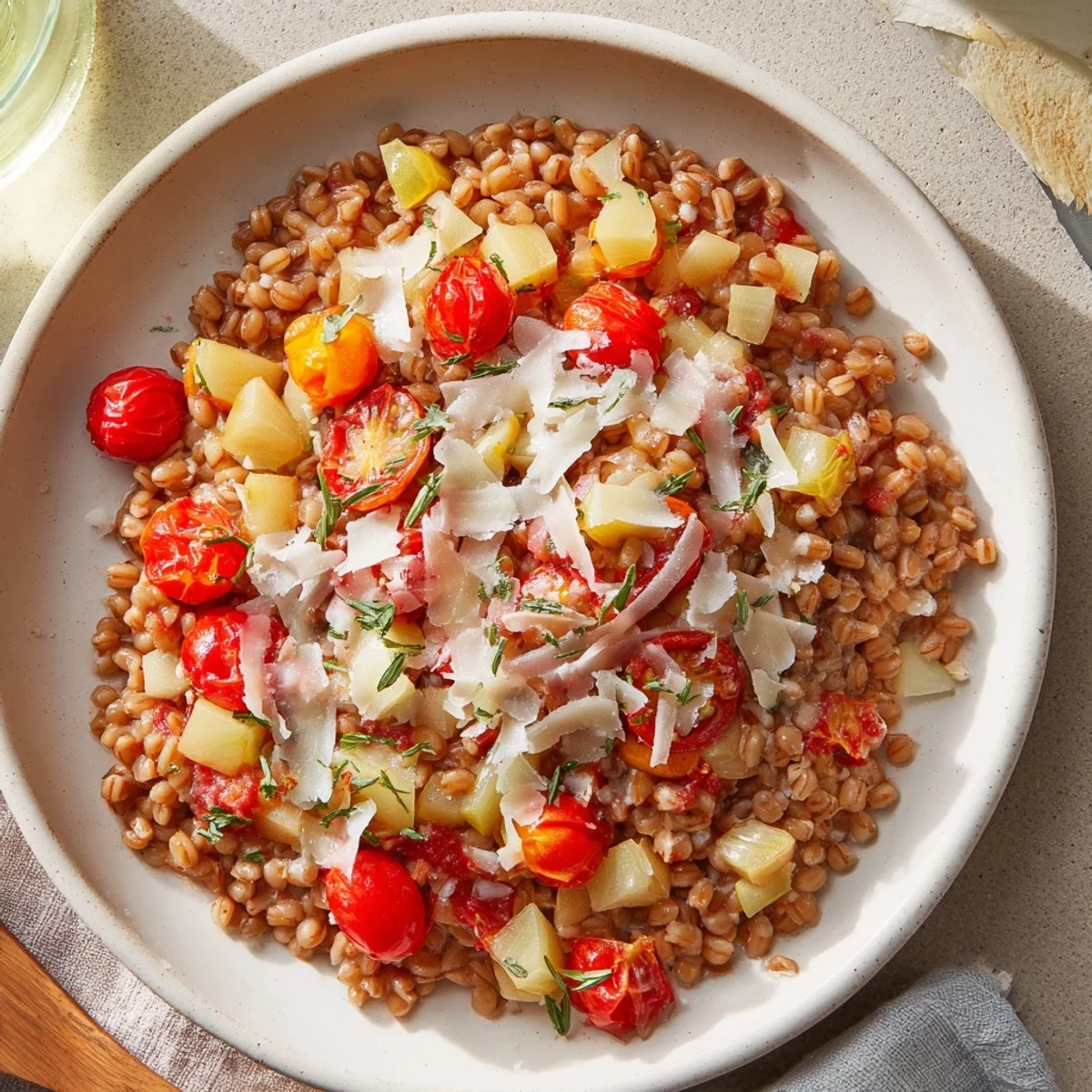 Garnish a warm plate of Cozy Farro with fresh parsley and extra parmesan for serving tonight.