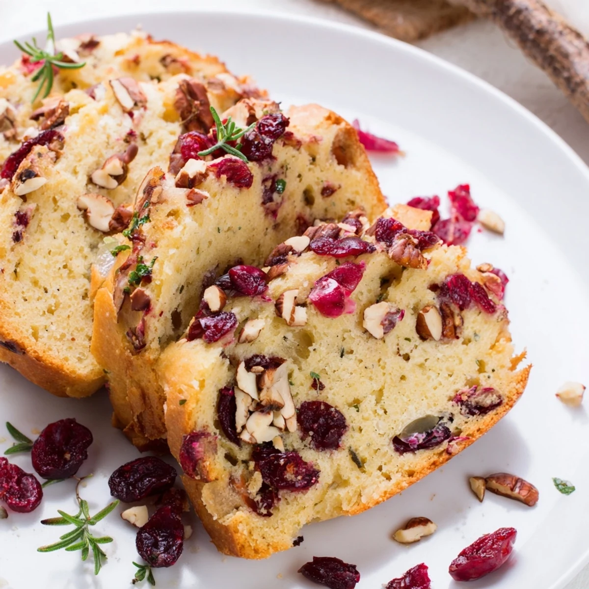 Golden-brown Toasty Cranberry Herb bread, with visible cranberries and herbs, ready to be sliced.