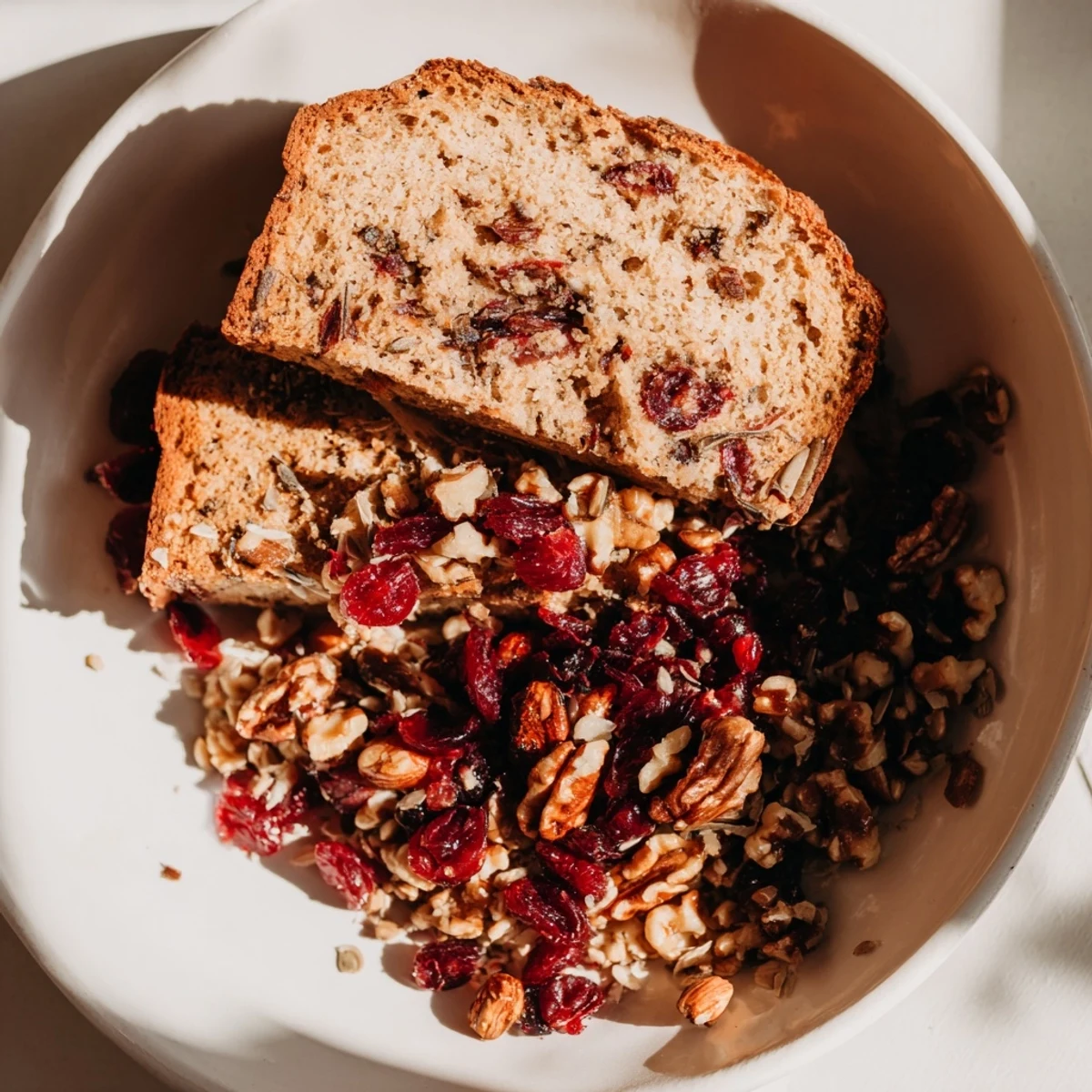 Close-up of toasted walnuts and cranberries in a fragrant slice of Toasty Cranberry Herb bread.